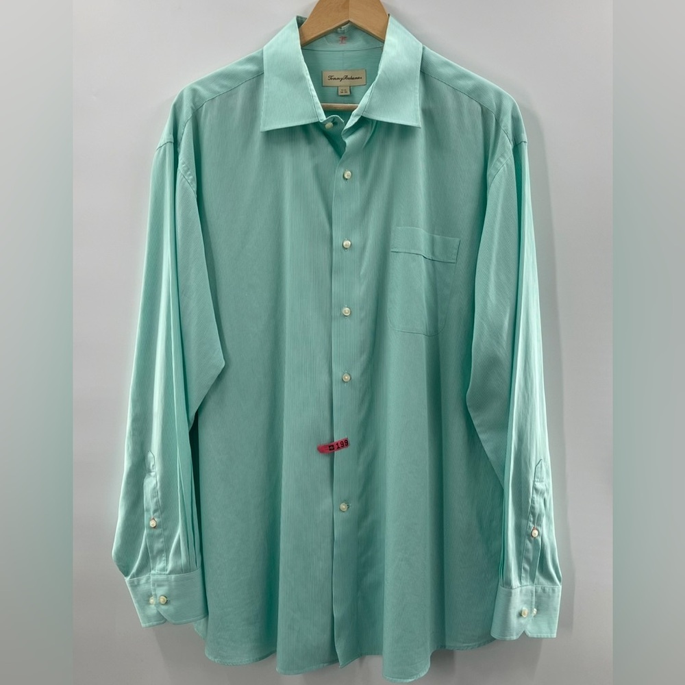 Tommy Bahama Performance Green White Striped Nautical Button Down Shirt 17.5